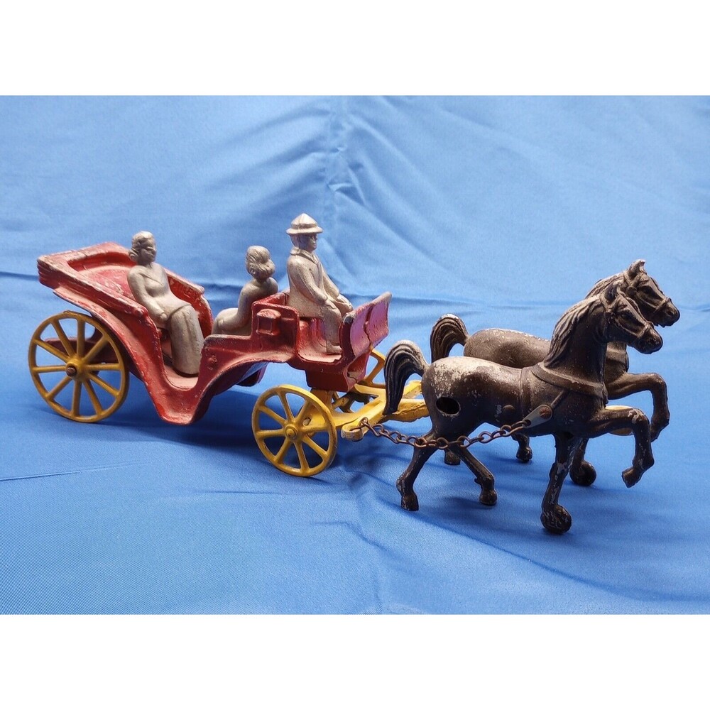 Vintage Cast Metal Stanley Toys Horse Drawn Carriage 2 Riders 1940